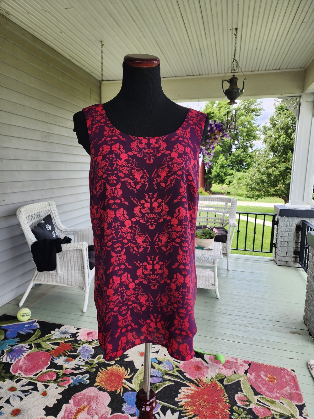 CAbi Sleeveless Pink Floral-Print Shell on Dark Plum